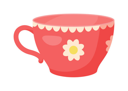 Bright red teacup with yellow and white flower decorations, scalloped rim, and handle, perfect for tea or coffee themes, isolated on white background vector illustration