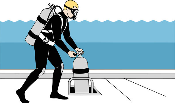 A scuba diver stows a tank on a boat. Clear illustration of diving safety procedures. Professional, detailed, and visually appealing.