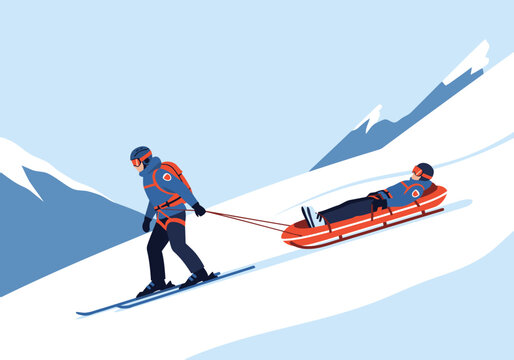 A ski patrol member rescues a skier using a sled on a snowy mountain. Dynamic rescue scene, clear composition, bright colors. Ideal for winter sports and safety visuals.
