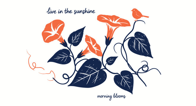 Vector floral illustration, live in the sunshine, blooming flowers, orange and blue botanical design, decorative leaf and bird graphics