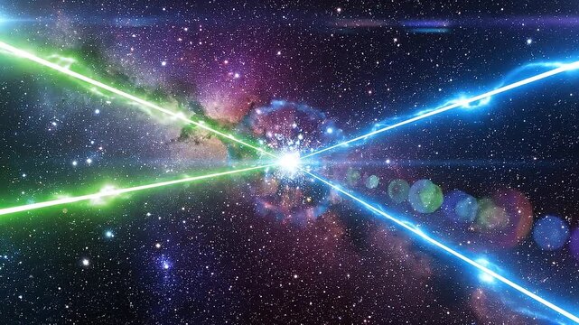 Two intersecting laser beams green and blue clashing in a vibrant nebula filled with stars and cosmic dust Keywords: lasers, beams, light, intersection, clash, space, nebula, stars