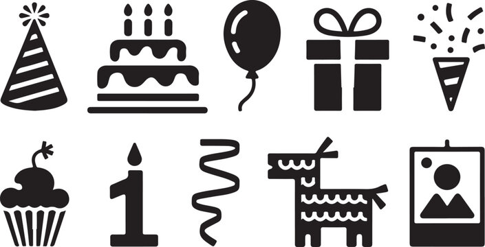 Set of black silhouette for birthday celebrations featuring a party hat, tiered cake, balloon, gift box, confetti popper, cupcake, number one candle, streamer, donkey pi&ntilde;ata, and frame