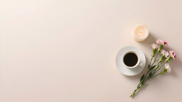 Flat lay print of a hot coffee, candle, and carnations on a neutral-colored background, copy space