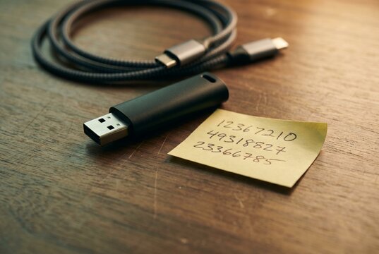 USB hardware token with braided cable and backup codes sticky note
