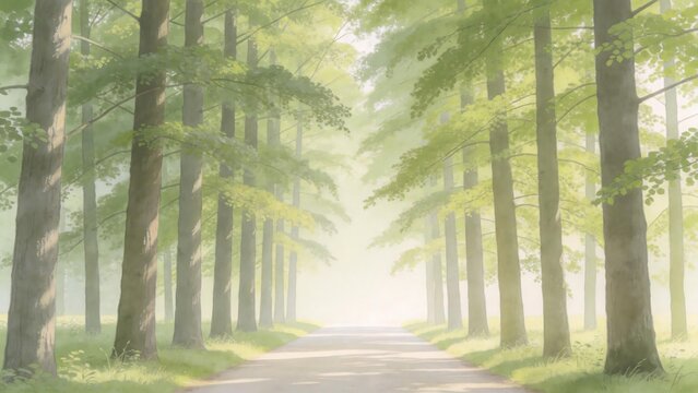 Misty forest path with tall trees
