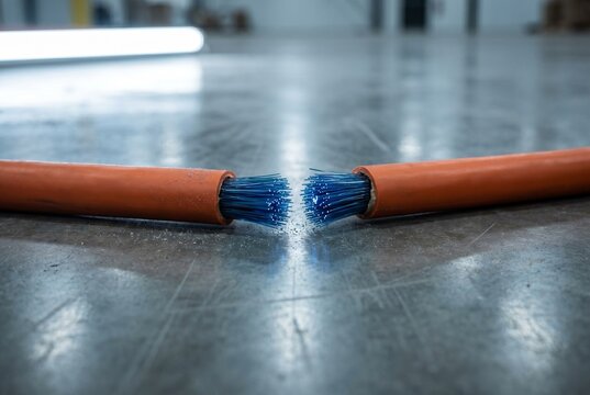 Severed fiber-optic cable orange sheath on reflective metal surface