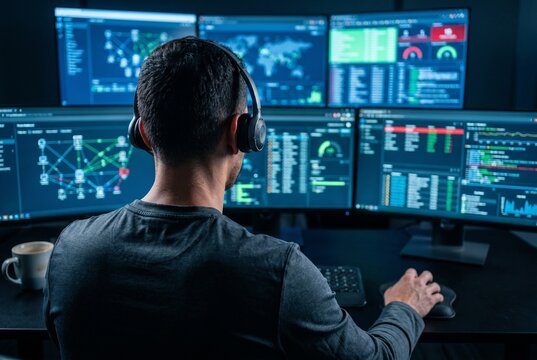 Man using multiple monitors with data dashboards in dark room