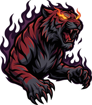 Fierce Fiery Tiger Illustration Roaring With Intense Glowing Eyes and Crimson Flames