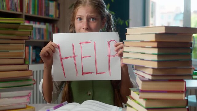 Upset Caucasian little girl child kid holding paper banner with help inscription problem with study learning many books homework tasks in school pupil looking at camera asking helping with study learn