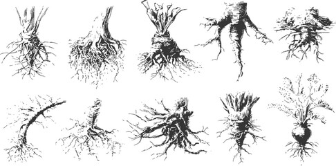 Detailed hand drawn tree roots and trunks sketch collection in vintage engraved style vector illustration. © Song Long