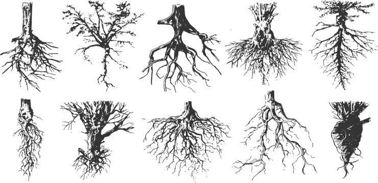 Detailed hand drawn tree roots and trunks sketch collection in vintage engraved style vector illustration.