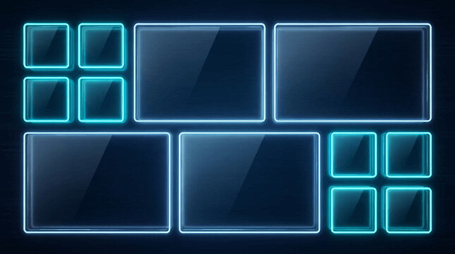 A digital graphic design template featuring glowing blue neon frames in various sizes on a dark background