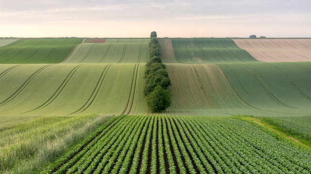 Rolling green agricultural fields with a central row of trees under a soft morning sky, featuring symmetrical crop rows and undulating landscape terrain