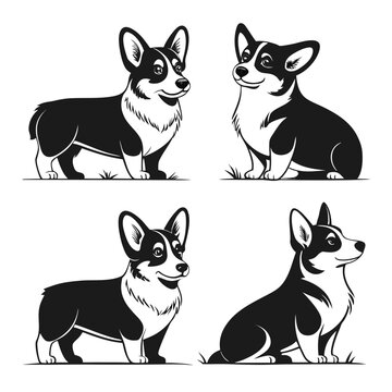 minimalist corgi dog silhouette vector icon set, small pembroke welsh corgi poses in black and white