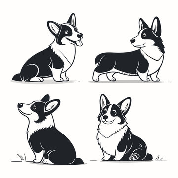 minimalist corgi dog silhouette vector icon set, small pembroke welsh corgi poses in black and white