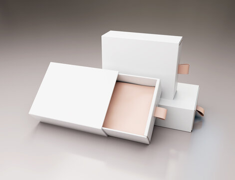 Mockup scene composed of white open and closed boxes with a silk pink ribbon and lining, background, composition on a soft pastel background with shadows and reflections for advertising, branding
