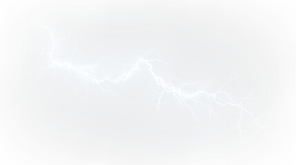 Blue and white lightning bolt striking from dark clouds during a thunderstorm in an open field at twilight near a forest, light overlay, PNG © Liubov