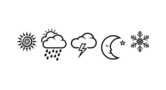 Set of Weather Icons Including Sun Cloud Rain Lightning Moon Snow.