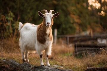Fototapeta premium A domestic brown and white goat standing calmly on a rocky outcrop in a natural outdoor environment