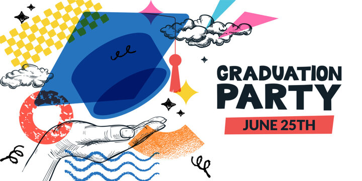 Graduation party banner. Vector collage academic mortarboard hat tossing above hand. Abstract university event poster