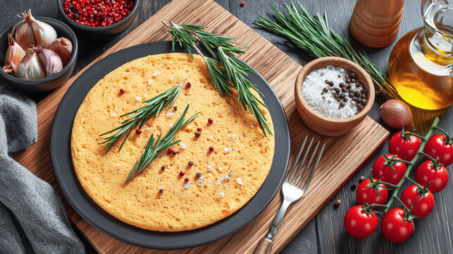 Ni&ccedil;oise Socca, a gluten-free chickpea flatbread placed onto a wooden board with tomatoes, herbs. Concept of traditional French snacks, delicious appetizers, side dishes, or light meals of the summer.