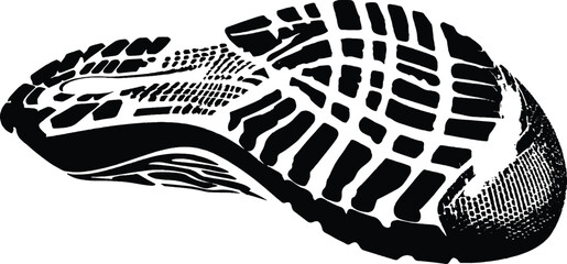 Black and white silhouette of a grunge textured shoe print boot sole tread track vector illustration. © Song Long