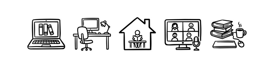 Fototapeta premium Hand-drawn line art icons for remote work and online education. Includes home office, video call, digital library, and study-at-home concepts. Minimalist black and white doodle set.