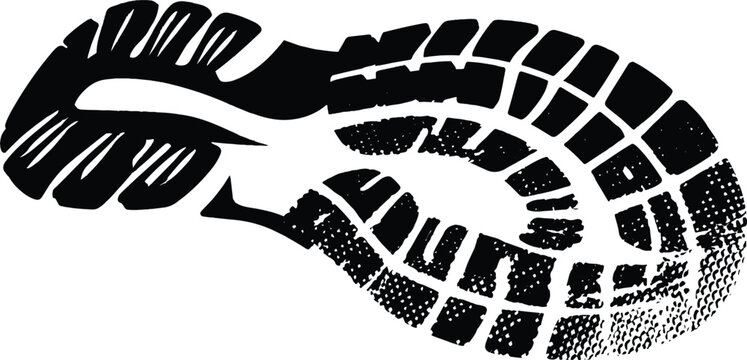 Black and white silhouette of a grunge textured shoe print boot sole tread track vector illustration.