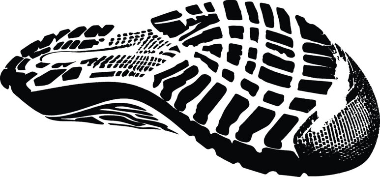 Black and white silhouette of a grunge textured shoe print boot sole tread track vector illustration.