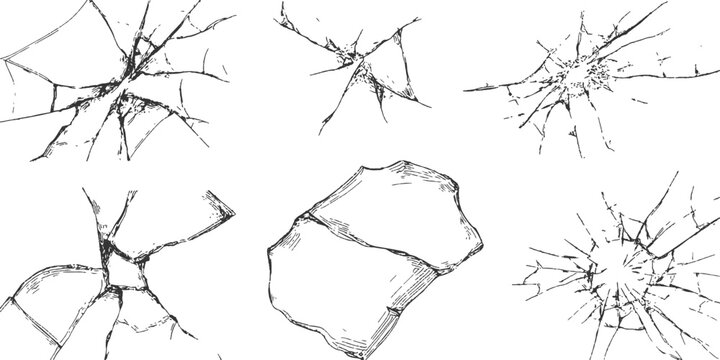 Hand drawn sketch set of shattered broken glass cracks and bullet hole fractures texture vector illustration.