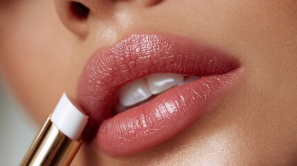Naklejka premium Close up macro shot of a woman applying hydrating clear lip balm to her soft natural pink lips for a glowing and healthy skin care beauty routine