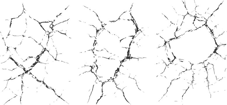 Hand drawn sketch set of shattered broken glass cracks and bullet hole fractures texture vector illustration.