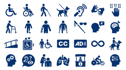 Collection of diverse accessibility and disability icons representing various needs and support services for inclusion and equal access © Iconique Studio