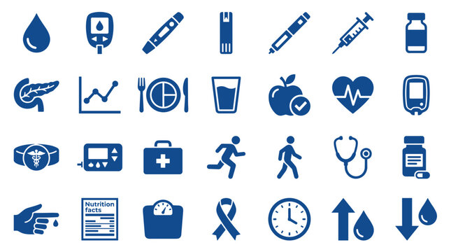 Diabetes care icons set symbolizing health monitoring blood sugar testing medication and healthy lifestyle choices