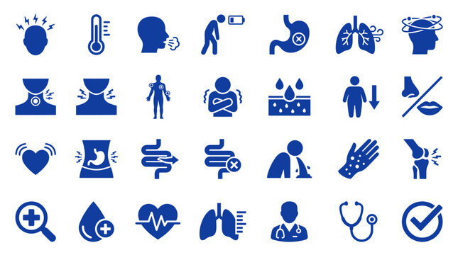 Collection of medical icons representing various health conditions symptoms and healthcare services in blue color palette