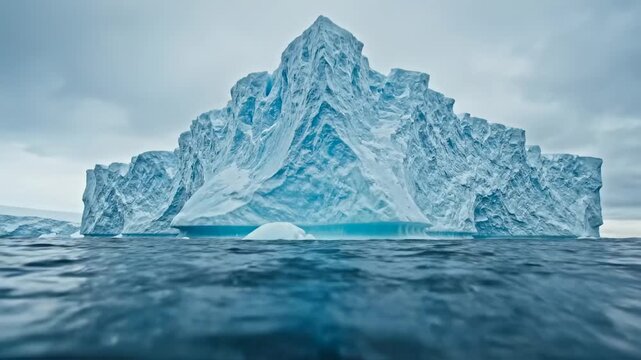 Large iceberg floating in calm ocean waters, showcasing intricate ice formations and textures under a cloudy sky, with reflections visible on the water surface