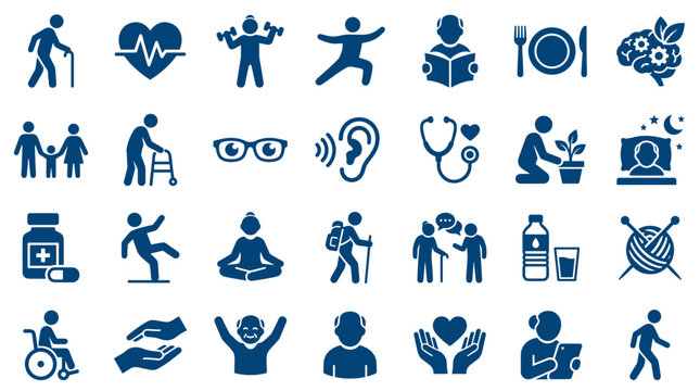 Healthy lifestyle icons for seniors and elderly people, representing wellness, care, and active aging with medical and social elements.