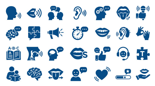 Collection of communication and language icons speech therapy learning and understanding concepts symbols for education and healthcare