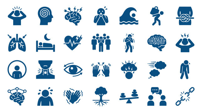 Collection of icons representing stress anxiety mental health issues and physical symptoms of illness and distress
