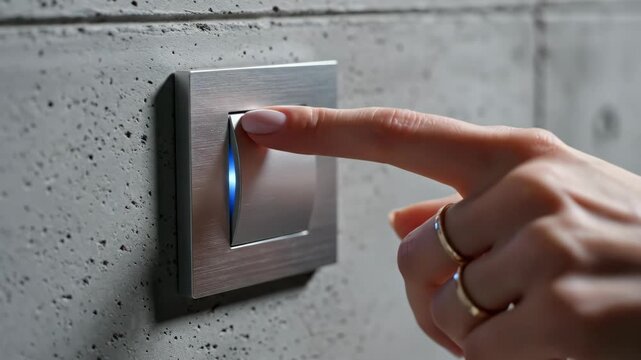 Close-up of a woman's hand pressing a modern silver light switch on a concrete wall. Smart home automation and lighting control concept