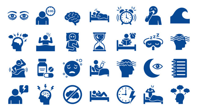 Collection of icons representing sleep disorders insomnia stress and mental health issues with symbols for eyes brain alarm clock hourglass and pills