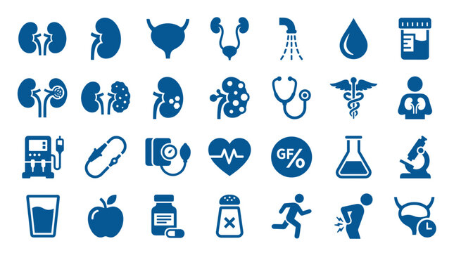Collection of medical icons representing kidney health, urology, diagnostics, and healthy lifestyle choices