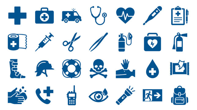 Collection of medical and safety icons representing healthcare emergency and first aid services with symbols for health and protection