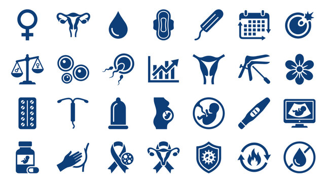 Collection of medical icons representing women's health reproductive system fertility pregnancy and contraception concepts