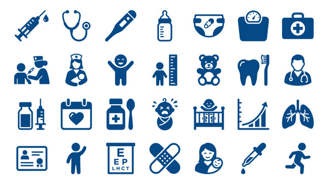 Collection of pediatric healthcare and child wellness icons representing medical care, growth, and development in a blue color scheme