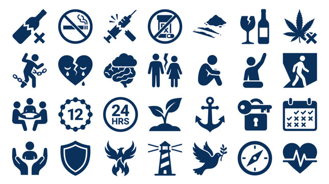 Collection of Icons Representing Addiction Recovery and Support Services