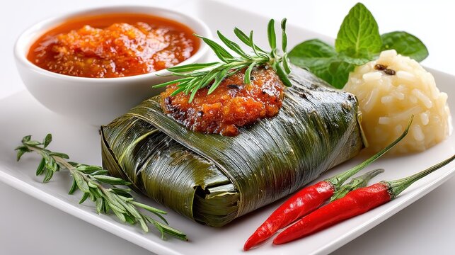 Leaf-wrapped food on plate, served with sauce, rice, and red chili peppers. Use this food image for menus, blogs, and recipe books online or in print.