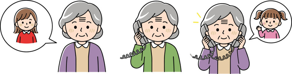 Fototapeta premium Cartoon Elderly Woman Talking on the Phone with Granddaughter, Emotional Connection and Family Communication Concept