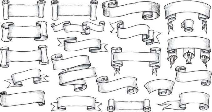 Collection of vintage hand drawn parchment scrolls and paper ribbons featuring detailed engraving for antique certificates wedding invitations and classical decorative banner design elements