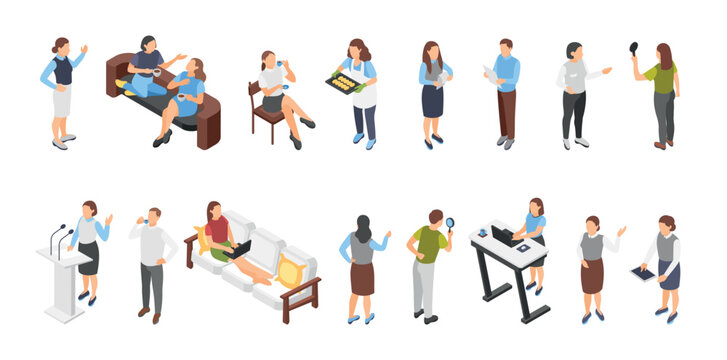 Different isometric people characters. Business person, housewife, lector, teacher, speaker. Female friends drink coffee, freelancer works on sofa, vector clipart
